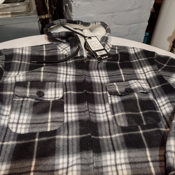 Hanton Black and White Plaid Fleece Sherpa Lined Zippered Hooded Jacket - Picture 7 of 12